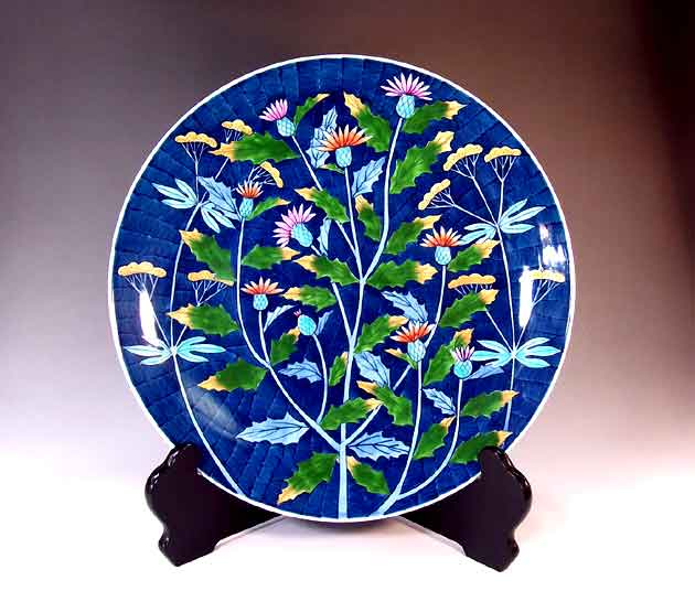 有田焼美術品染錦薊絵飾り大皿陶芸作家 藤井錦彩 作(径33.3cm)