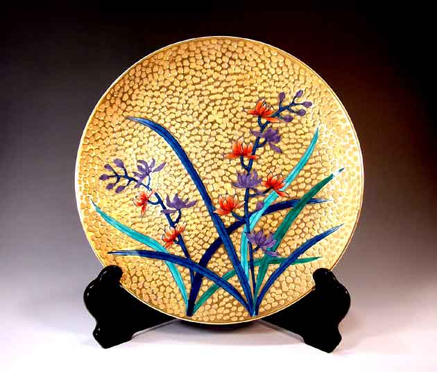 有田焼美術品染錦黄金蘭絵飾り大皿陶芸作家 藤井錦彩 作(径31cm)