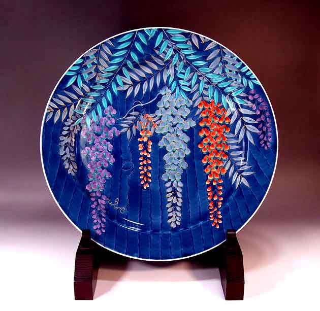 有田焼美術品染錦金彩藤絵飾り大皿陶芸作家 藤井錦彩 作(径39.5cm)