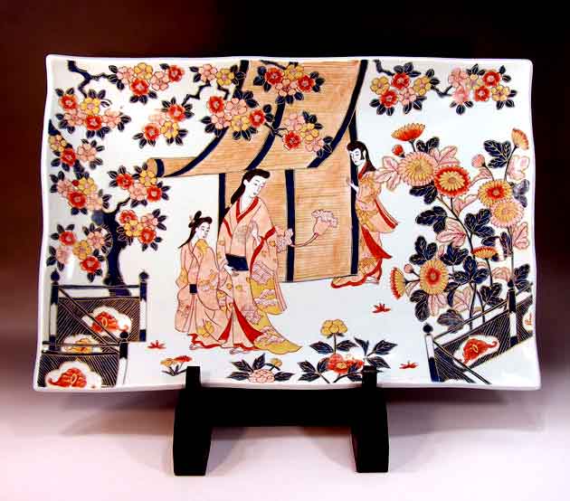 有田焼美術品倣・古伊万里染錦金彩元禄美人絵飾り角皿陶芸作家 藤井錦彩 作(径50cm)