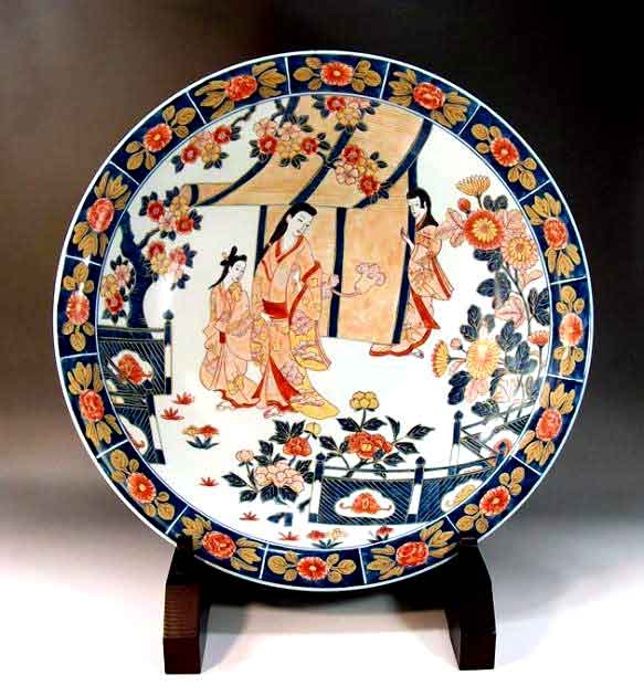 有田焼美術品倣・古伊万里染錦金彩元禄美人絵飾り大皿陶芸作家 藤井錦彩 作(径45cm)