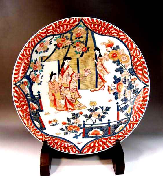 有田焼美術品倣・古伊万里染錦金彩唐草割元禄美人絵飾り大皿陶芸作家 藤井錦彩 作(径45cm)