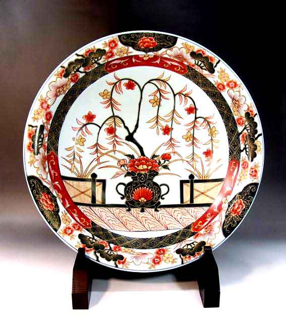 有田焼美術品倣・古伊万里染錦金彩花籠絵飾り大皿陶芸作家 藤井錦彩 作(径45cm)