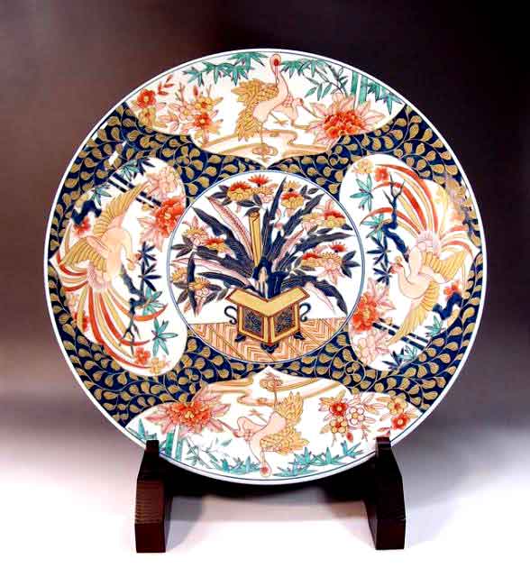 有田焼美術品倣・古伊万里染錦金彩花鳥絵飾り大皿陶芸作家 藤井錦彩 作(径46.5cm)