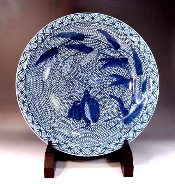 有田焼美術品染付鶉絵飾り大皿陶芸作家 藤井錦彩 作(径45cm)