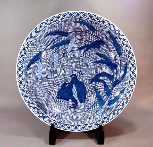 有田焼美術品染付鶉絵飾り大皿陶芸作家 藤井錦彩 作(径60.5cm)