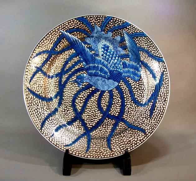 有田焼美術品染錦プラチナ彩鳳凰絵飾り大皿陶芸作家 藤井錦彩 作(径61.3cm)