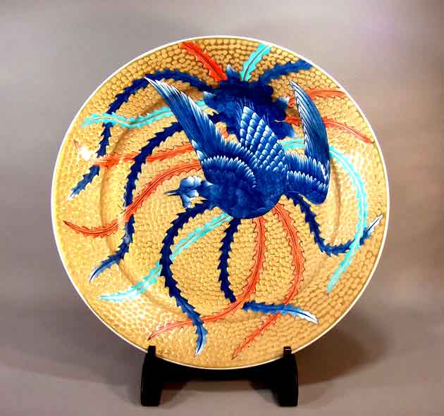 有田焼美術品染錦黄金鳳凰絵飾り大皿陶芸作家 藤井錦彩 作(径61.5cm)