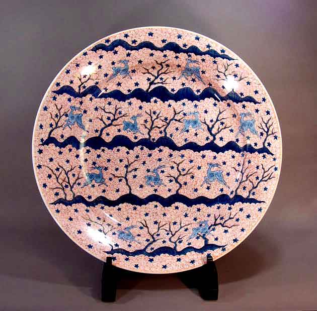 有田焼美術品染錦金彩紅葉鹿景図飾り大皿陶芸作家 藤井錦彩 作(径61.1cm)