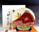 有田焼・伝統工芸・総手描き辰砂釉金彩赤富士山鶴桜松絵飾り大皿陶芸作家 藤井錦彩 作(径26.5cm)