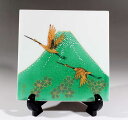 有田焼・伝統工芸・総手描き緑彩釉金彩富士山桜鶴絵陶板画陶芸作家 藤井錦彩 作(径15cm)