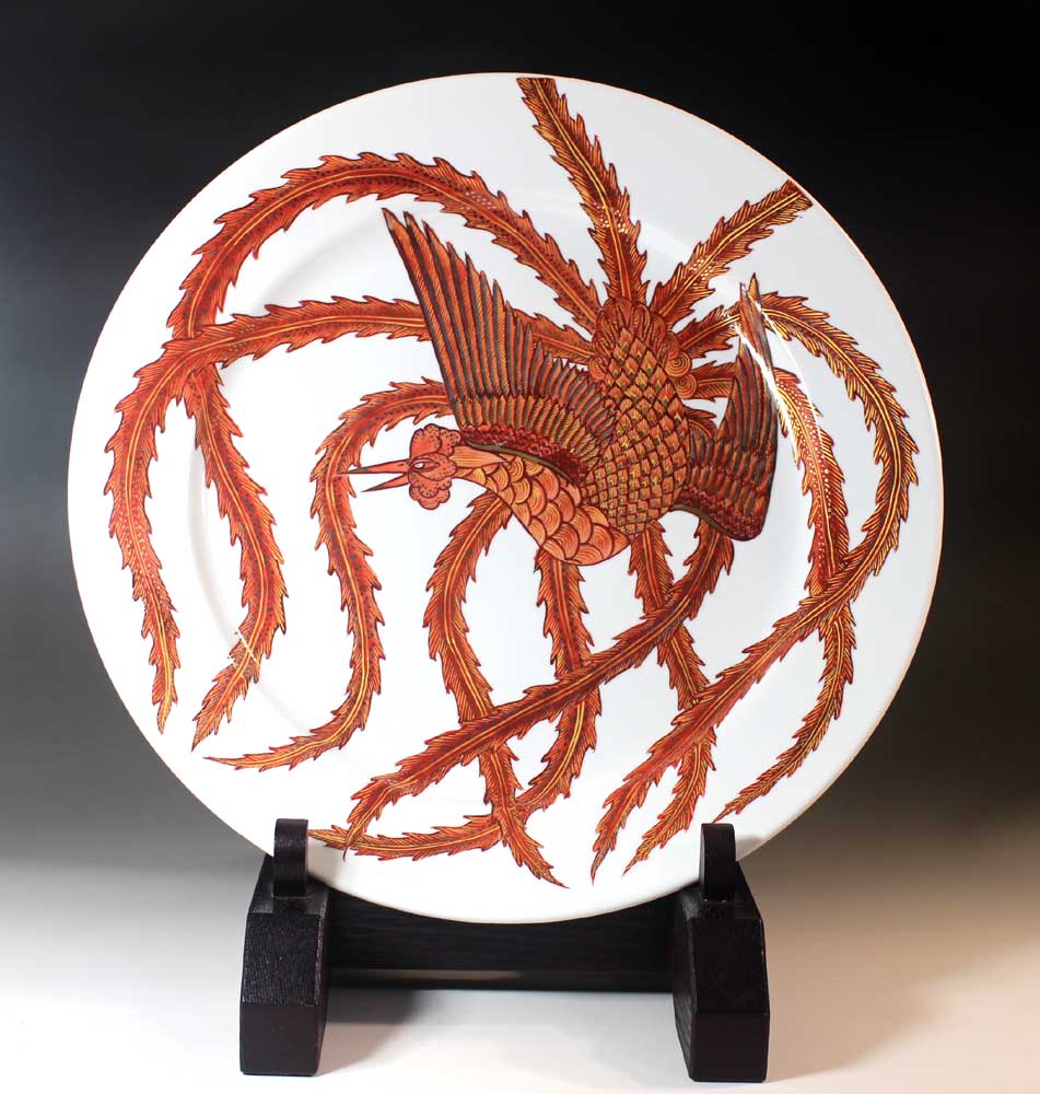 有田焼美術品赤絵金彩鳳凰絵飾り大皿陶芸作家 藤井錦彩 作(径36.1cm)