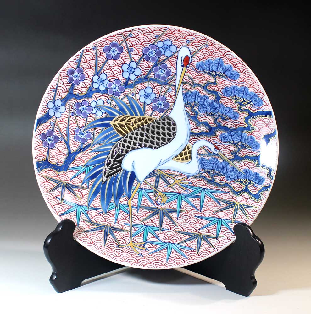 有田焼美術品染錦金・プラチナ彩松竹梅鶴絵飾り大皿陶芸作家 藤井錦彩 作(径30.1cm)