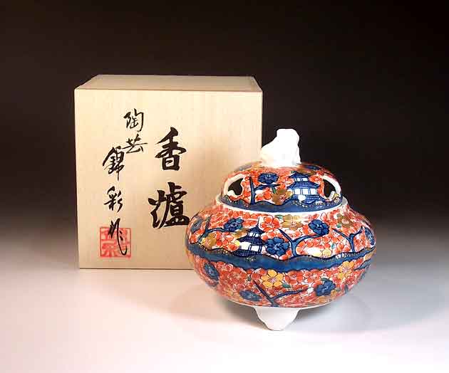 有田焼・伝統工芸染錦金彩楼閣絵香炉陶芸作家 藤井錦彩 作