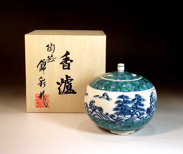 有田焼・伝統工芸染錦唐草山水絵香炉陶芸作家 藤井錦彩 作
