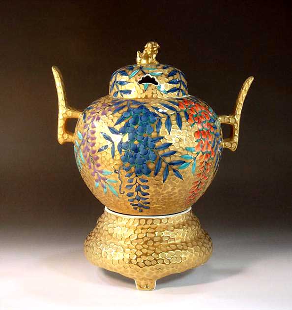有田焼・伝統工芸染錦黄金藤絵飾り大香炉陶芸作家 藤井錦彩 作