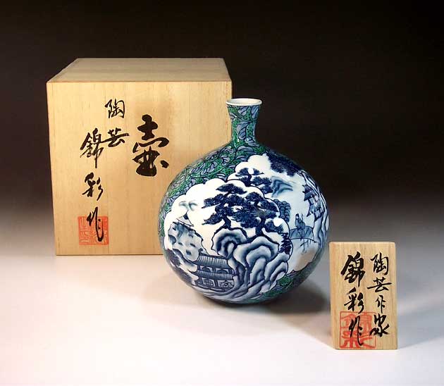 有田焼・伝統工芸・総手描き染錦唐草割山水画飾り花瓶陶芸作家 藤井錦彩 作