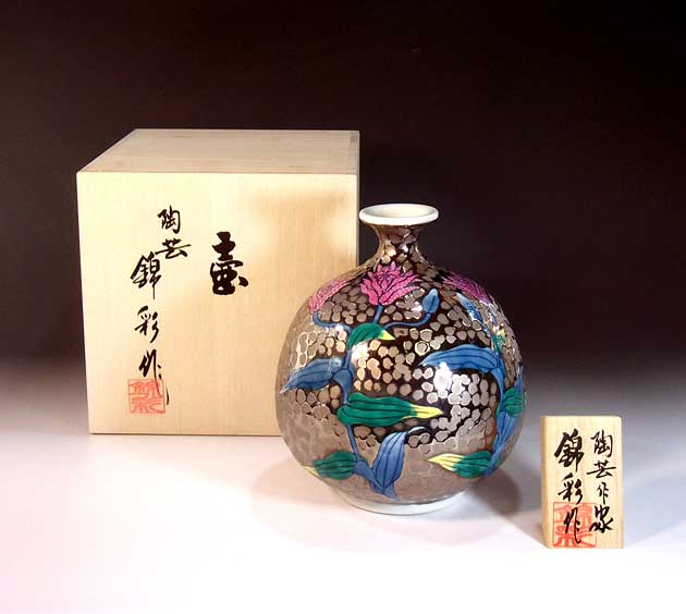 有田焼・伝統工芸・総手描き染錦プラチナ彩不如帰絵飾り花瓶陶芸作家 藤井錦彩 作