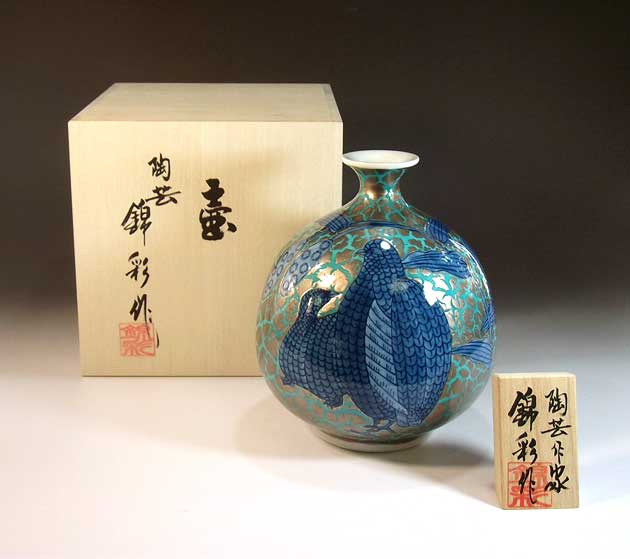 有田焼・伝統工芸・総手描き染錦プラチナ彩鶉絵飾り花瓶陶芸作家 藤井錦彩 作