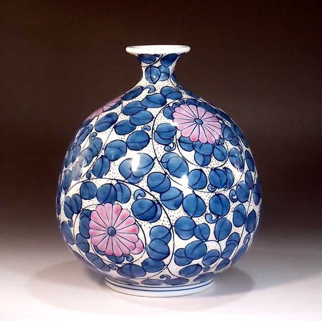 有田焼・伝統工芸・総手描き染錦金彩菊唐草文様飾り花瓶陶芸作家 藤井錦彩 作 [2]