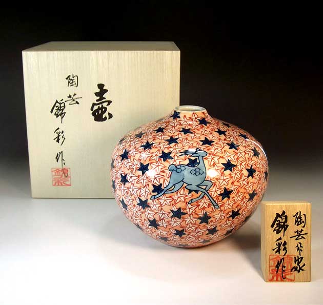 有田焼・伝統工芸・総手描き染錦紅葉鹿遊図飾り花瓶陶芸作家 藤井錦彩 作