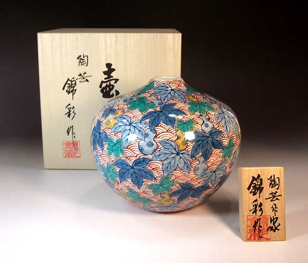 有田焼・伝統工芸・総手描き染錦青海波瓢箪絵飾り花瓶陶芸作家 藤井錦彩 作