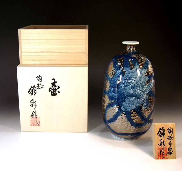有田焼・伝統工芸・総手描き染錦プラチナ彩鳳凰絵飾り花瓶陶芸作家 藤井錦彩 作