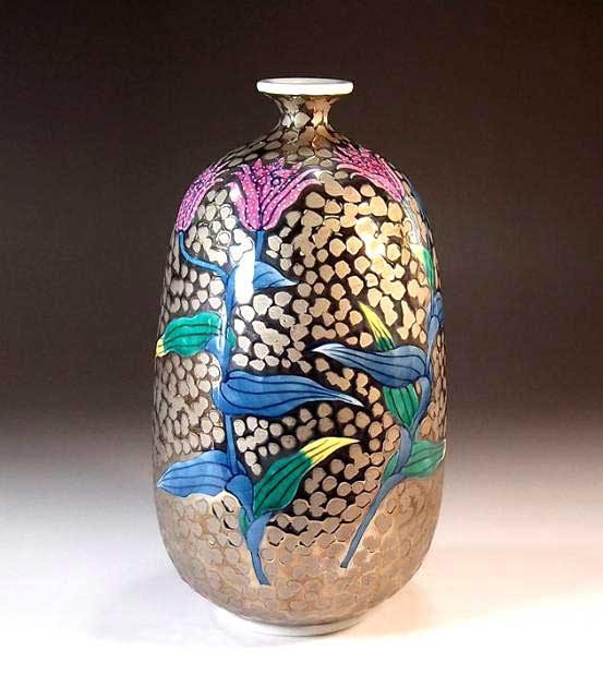 有田焼・伝統工芸・総手描き染錦プラチナ彩不如帰絵飾り花瓶陶芸作家 藤井錦彩 作