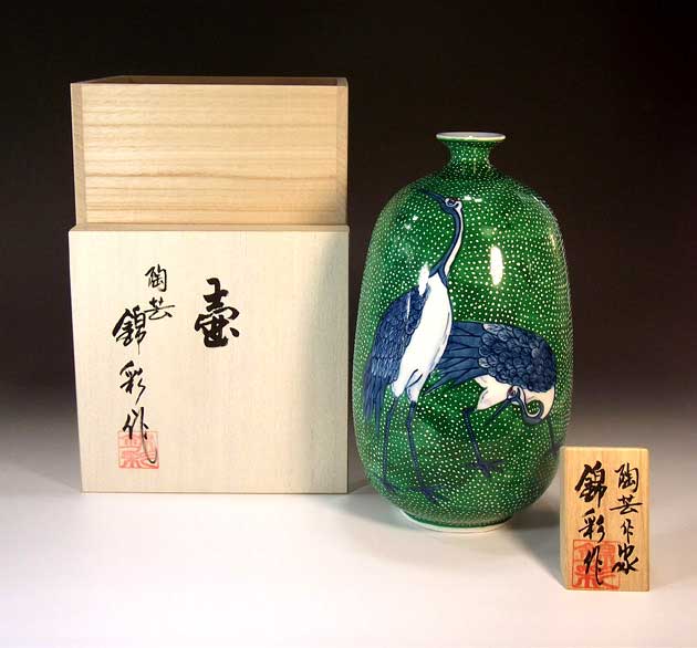 有田焼・伝統工芸・総手描き錦雪夫婦鶴絵飾り花瓶陶芸作家 藤井錦彩 作