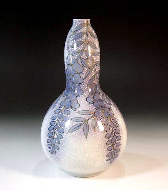 有田焼・伝統工芸・総手描き染錦金彩釉裏紅藤絵飾り花瓶陶芸作家 藤井錦彩 作 [2]