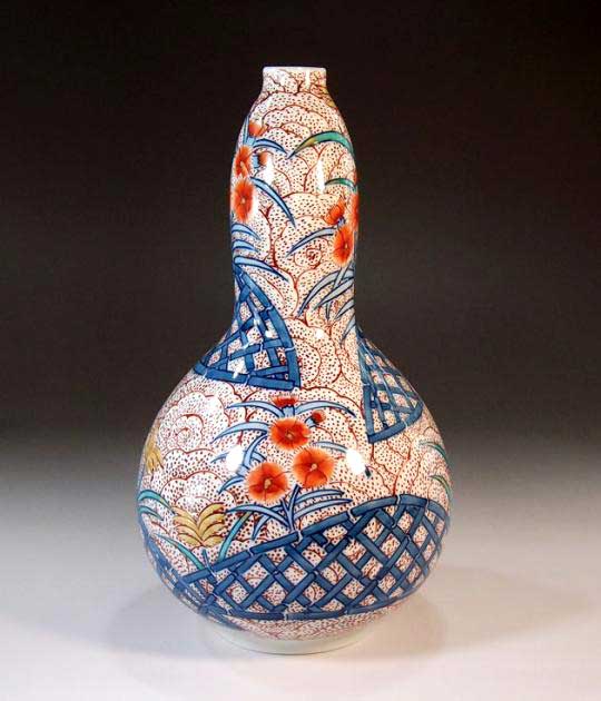 有田焼・伝統工芸・総手描き染錦朱雲撫子絵飾り花瓶陶芸作家 藤井錦彩 作