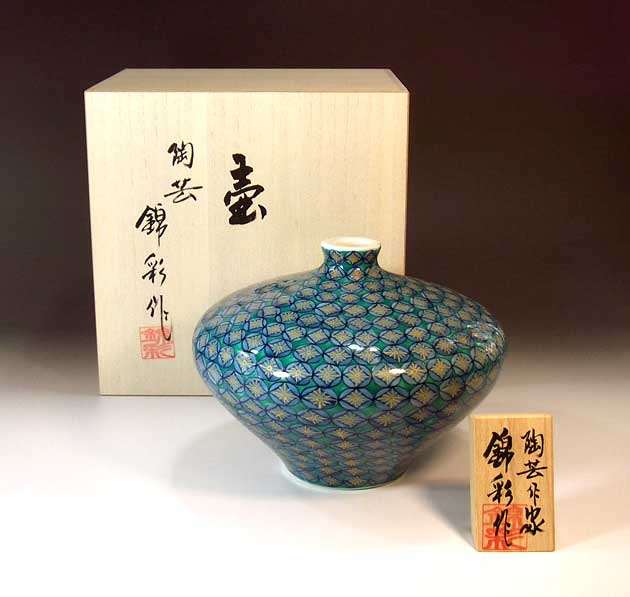 有田焼・伝統工芸・総手描き染錦金彩七宝文様飾り花瓶陶芸作家 藤井錦彩 作