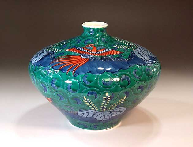 有田焼・伝統工芸・総手描き染錦鳳凰唐草桐絵飾り花瓶陶芸作家 藤井錦彩 作