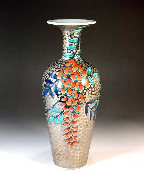 有田焼・伝統工芸・総手描き染錦プラチナ彩藤絵飾り花瓶陶芸作家 藤井錦彩 作