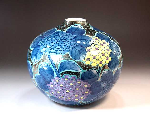 有田焼・伝統工芸・総手描き染錦プラチナ彩紫陽花絵飾り花瓶陶芸作家 藤井錦彩 作