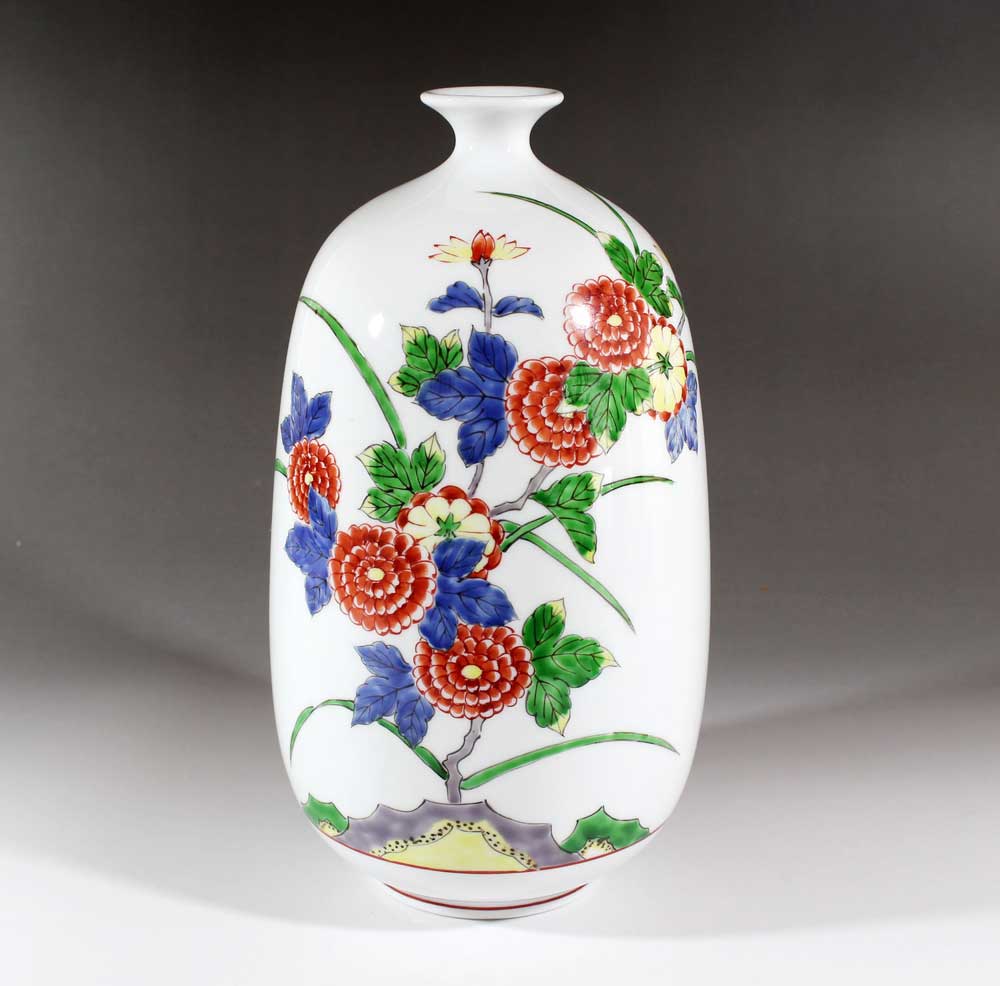 有田焼・伝統工芸・総手描き染錦菊絵飾り花瓶陶芸作家 藤井錦彩 作