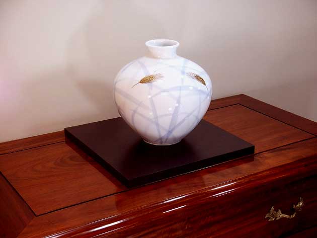 有田焼・伝統工芸・総手描き染錦金彩稲穂絵飾り花瓶陶芸作家 藤井錦彩 作