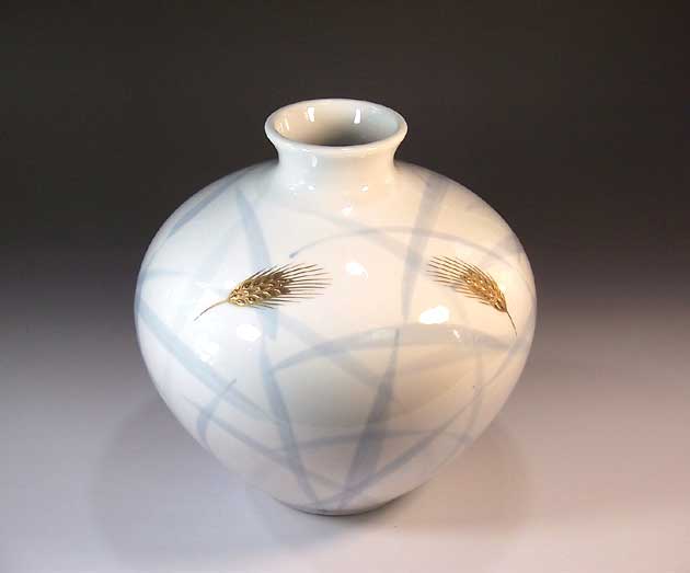 有田焼・伝統工芸・総手描き染錦金彩稲穂絵飾り花瓶陶芸作家 藤井錦彩 作