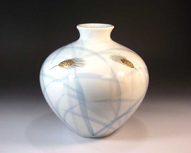 有田焼・伝統工芸・総手描き染錦金彩稲穂絵飾り花瓶陶芸作家 藤井錦彩 作