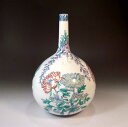 有田焼・伝統工芸・総手描き染錦芍薬飾り鶴首花瓶陶芸作家 藤井錦彩 作