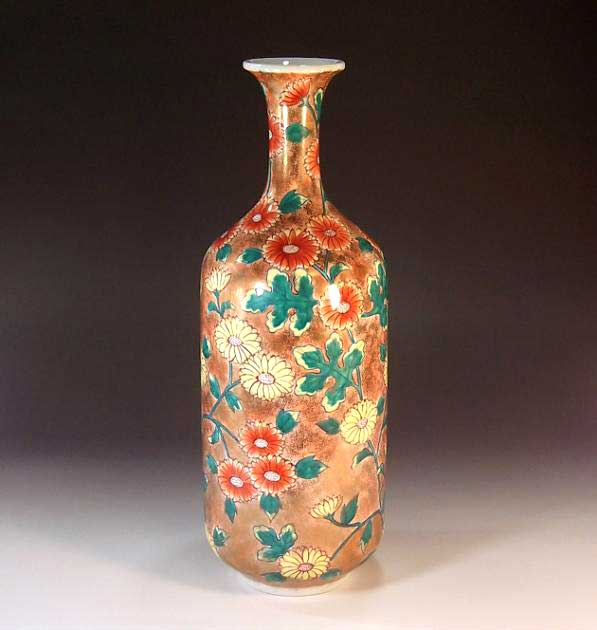 有田焼・伝統工芸・総手描き染錦金彩菊絵飾り花瓶陶芸作家 藤井錦彩 作