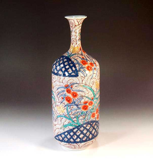 有田焼・伝統工芸・総手描き染錦朱雲撫子絵飾り花瓶陶芸作家 藤井錦彩 作