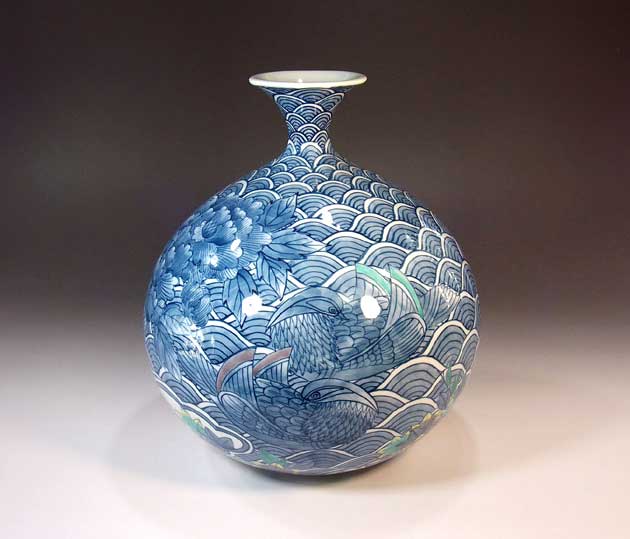 有田焼・伝統工芸・総手描き染錦青海波鴛鴦牡丹絵飾り花瓶陶芸作家 藤井錦彩 作