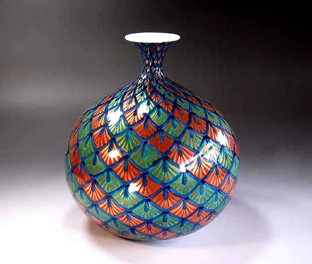 有田焼・伝統工芸・総手描き染錦金彩網目文様飾り花瓶陶芸作家 藤井錦彩 作