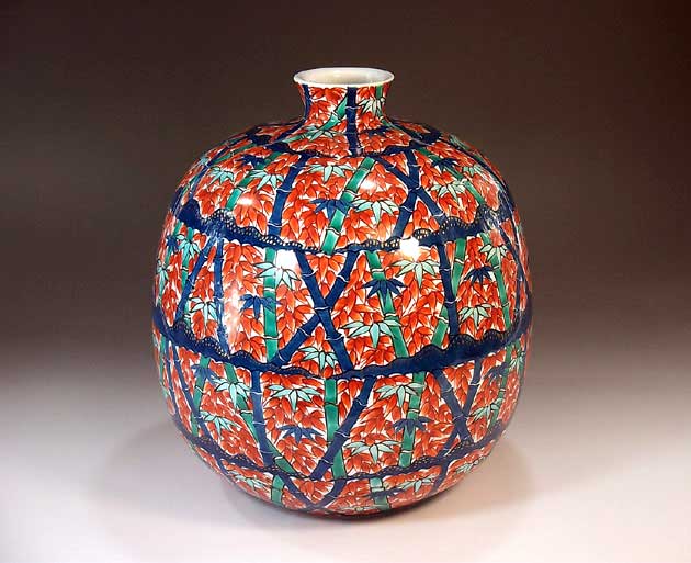 有田焼・伝統工芸・総手描き染錦金彩竹林絵飾り花瓶陶芸作家 藤井錦彩 作