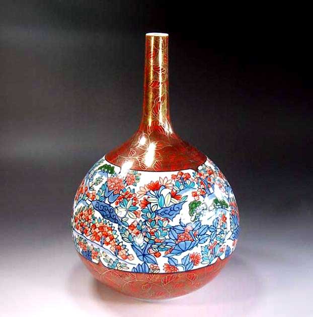 有田焼・伝統工芸・総手描き染錦金彩唐草花尽くし文様飾り鶴首花瓶陶芸作家 藤井錦彩 作