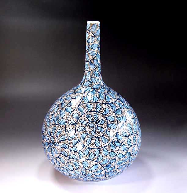 有田焼・伝統工芸・総手描き染錦金彩唐草文様飾り鶴首花瓶陶芸作家 藤井錦彩 作