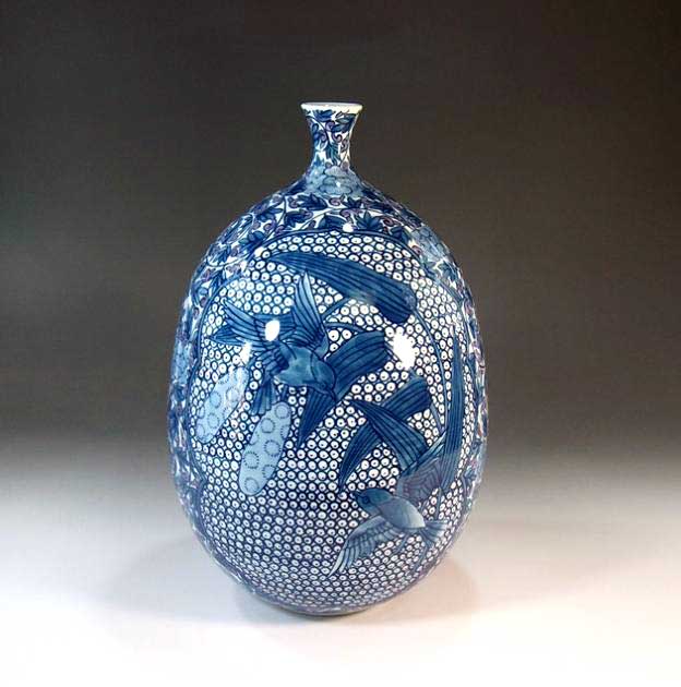有田焼・伝統工芸・総手描き染錦唐草割鶉雀絵飾り花瓶陶芸作家 藤井錦彩 作 [2]