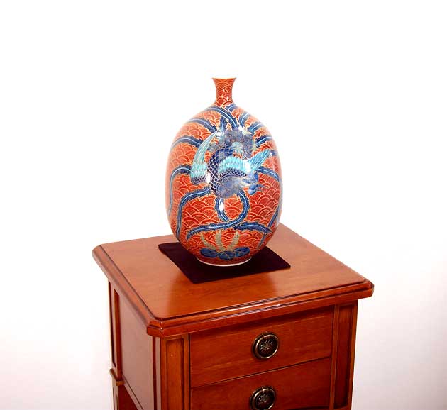 有田焼・伝統工芸・総手描き染錦金彩青海波鳳凰絵飾り花瓶陶芸作家 藤井錦彩 作 [3]