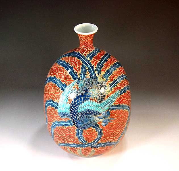 有田焼・伝統工芸・総手描き染錦金彩青海波鳳凰絵飾り花瓶陶芸作家 藤井錦彩 作 [2]